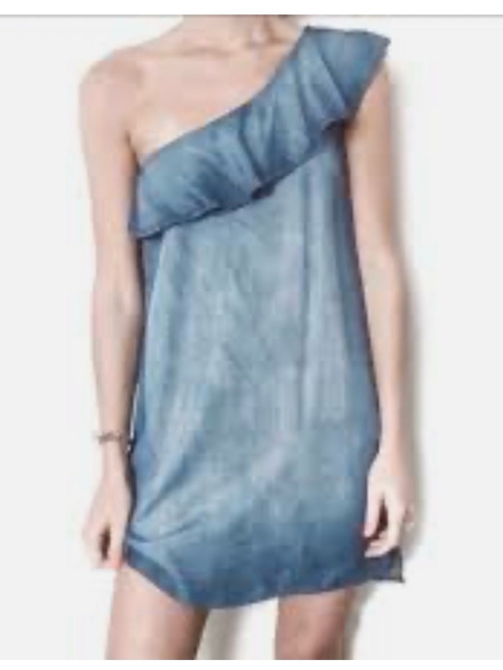 J. Crew One-Shoulder Ruffle Mini Dress in Denim Blue